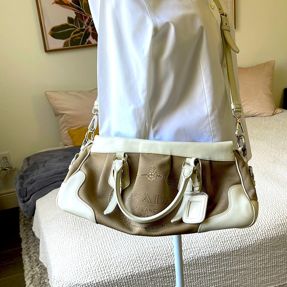 PRADA Jacquard Logo Canvas Leather Tote Shoulder Bag